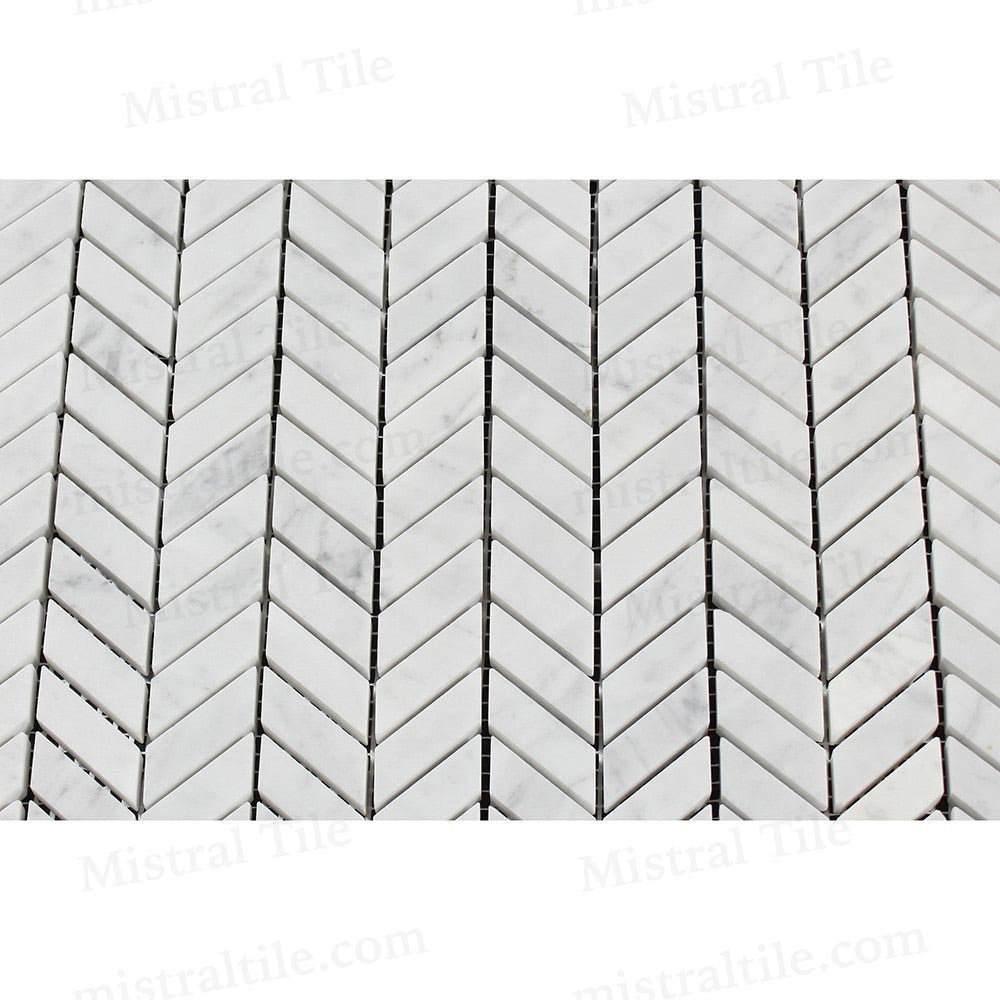 Bianco Carrara Honed Marble Mini Chevron Mosaic Tile Details