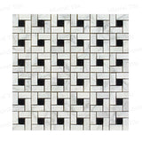 Honed Bianco Carrara-Black Marble Mini Pinwheel Mosaic