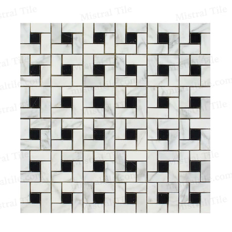 Honed Bianco Carrara-Black Marble Mini Pinwheel Mosaic