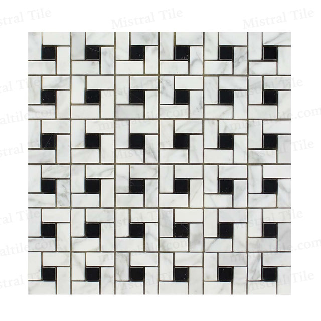 Honed Bianco Carrara-Black Marble Mini Pinwheel Mosaic