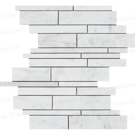 Honed Bianco Carrara Marble Random Strip Bamboo Mosaic Tile