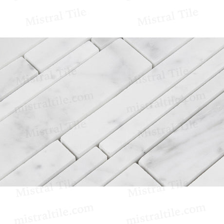 Honed Bianco Carrara Marble Random Strip Bamboo Mosaic Tile Detail