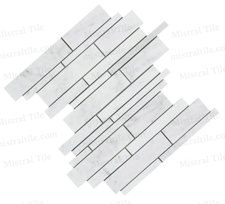 Honed Bianco Carrara Marble Random Strip Bamboo Mosaic Tile Cross view