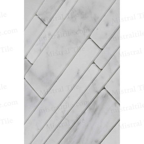 Honed Bianco Carrara Marble Random Strip Bamboo Mosaic Tile Perspective