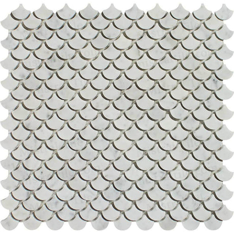 Honed B. Carrara Marble Fan (Fish Scale) Mosaic Tile Raindrop