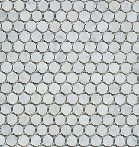 Honed Bianco Carrara Marble Penny Round Mosaic Tile installation