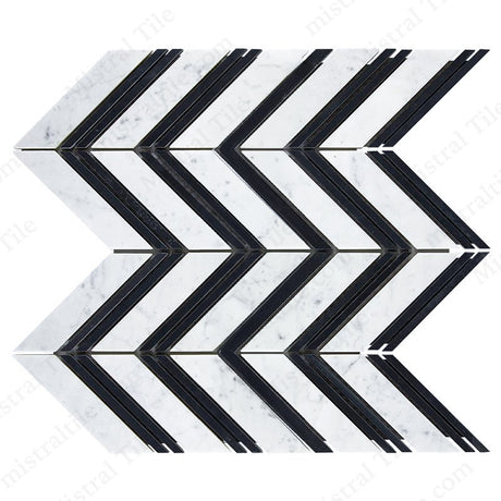 Honed Bianco Carrara with Black Marble Large Format Chevron Mosaic Tile Perspective