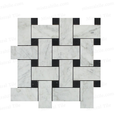 Honed Bianco Carrara - Black Marble Large Basketweave Mosaic