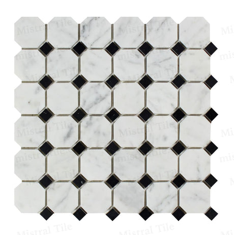 Honed Bianco Carrara White and Black Marble Octagon Pattern Mosaic Tile