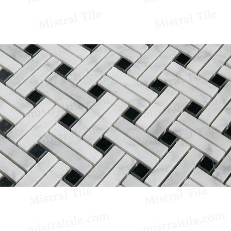 Honed Bianco Carrara and Black Marble Stanza Double Basketweave Mosaic Tile Detail