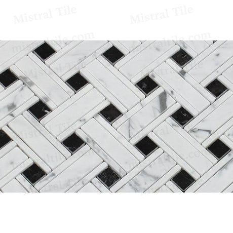 Honed Bianco Carrara-Black Marble Panama weave Mosaic Tile flooring