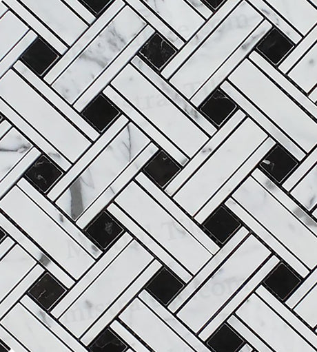 Honed Bianco Carrara-Black Panama weave Mosaic Tile