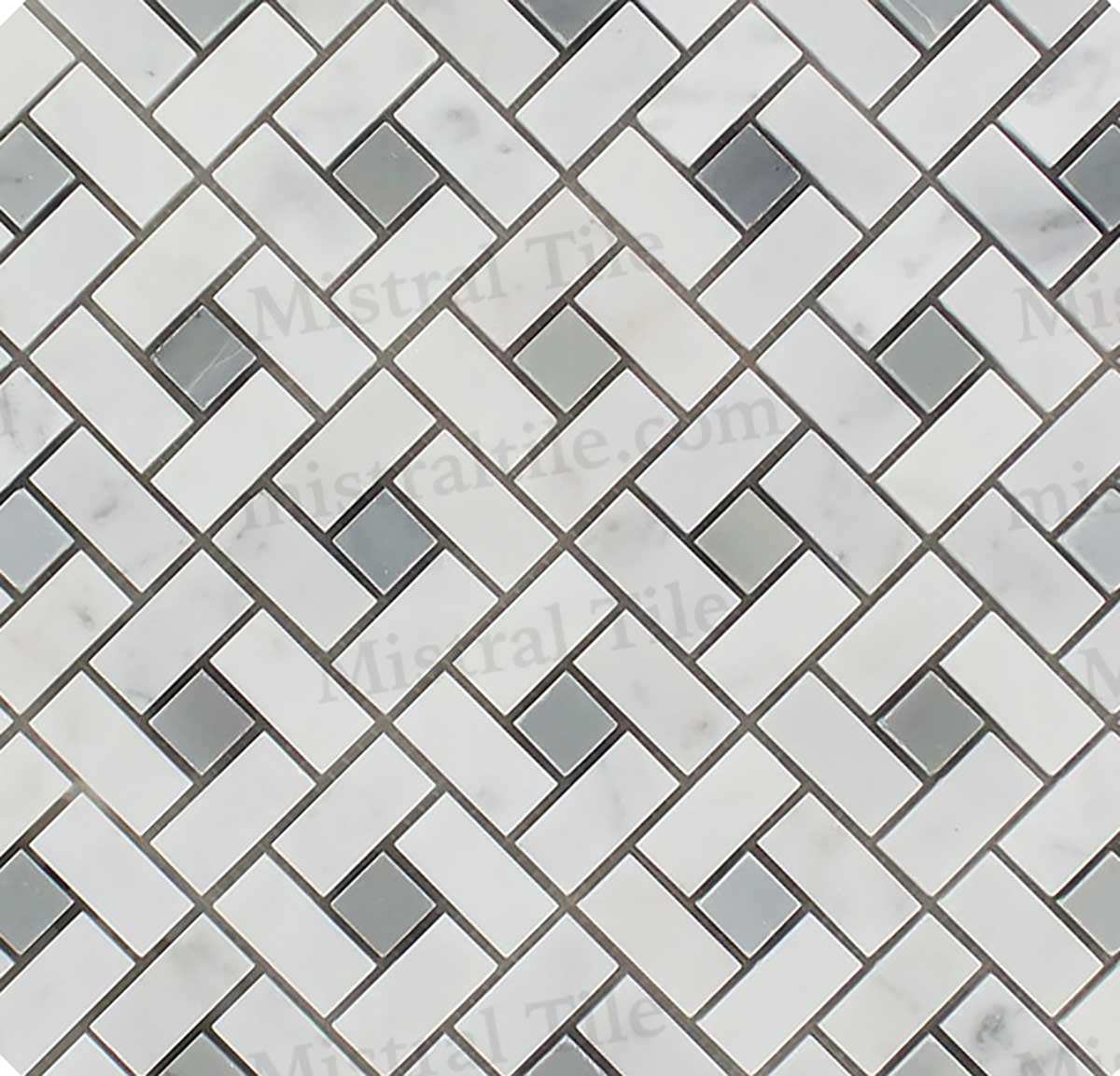 Honed Bianco Carrara and Blue-Gray Marble Mini Pinwheel Mosaic Tile