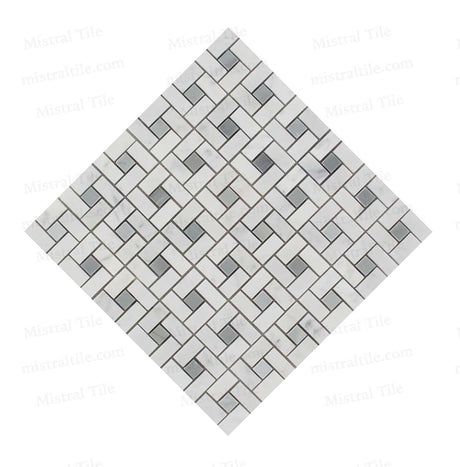 Honed Bianco Carrara and Blue-Gray Marble Mini Pinwheel Mosaic Tiles crowss installation view