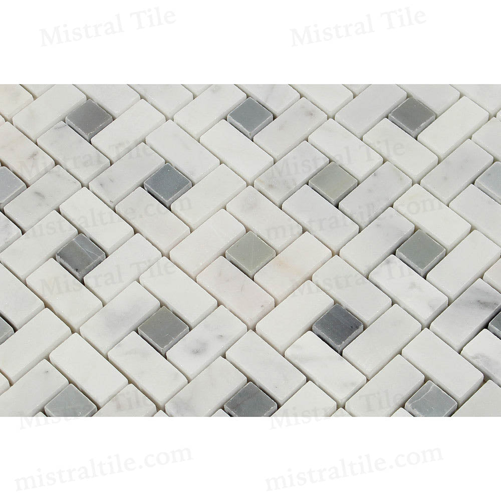 Honed Bianco Carrara and Blue-Gray Marble Mini Pinwheel Mosaic Tiles Perspective