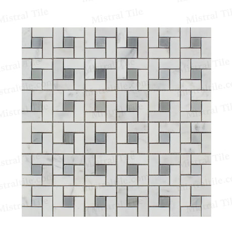 Honed Bianco Carrara and Blue-Gray Marble Mini Pinwheel Mosaic Tiles