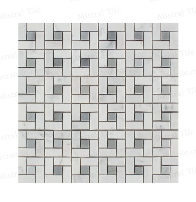 Honed Bianco Carrara and Blue-Gray Marble Mini Pinwheel Mosaic Tiles