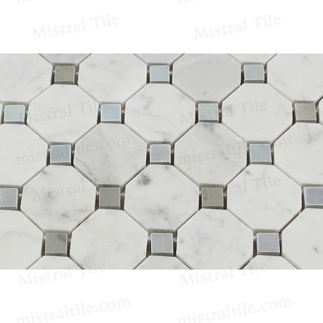 Honed Bianco Carrara and Blue-Gray Octagon Mosaic Detail