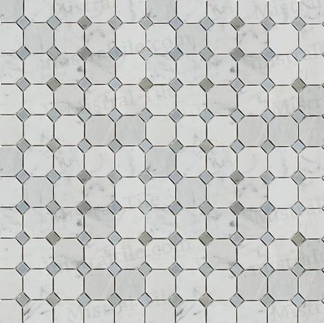 Honed Bianco Carrara and Blue-Gray Octagon Mosaic Horizontal Wide View