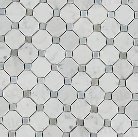 Honed Bianco Carrara and Blue-Gray Octagon Mosaic Cross View