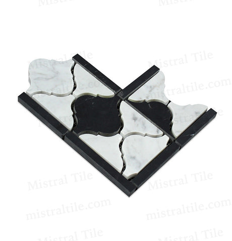 Honed Bianco Carrara and Black Marble Lantern Pattern Mosaic Border Corner Perspective view 2