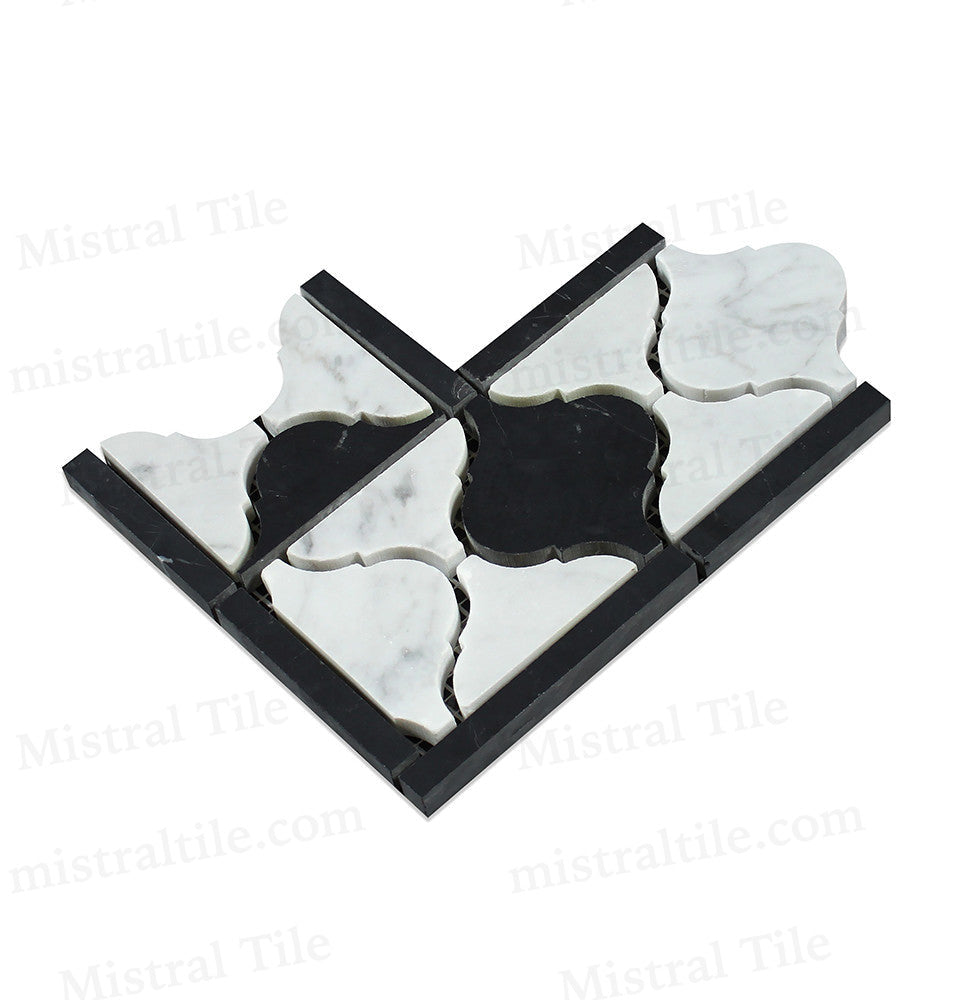 Honed Bianco Carrara and Black Marble Lantern Pattern Mosaic Border Corner Perspective