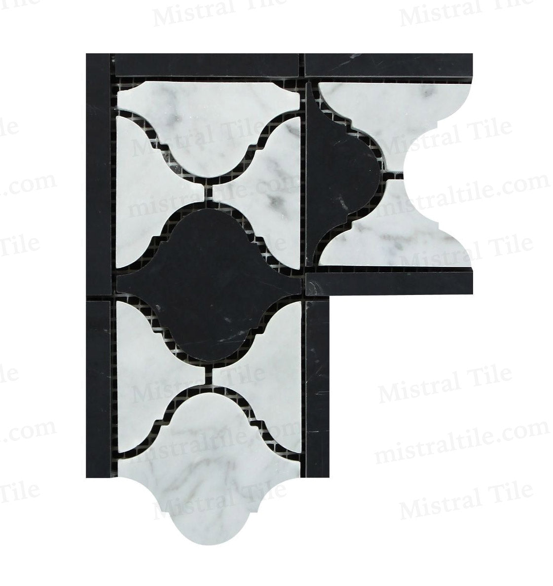 Honed Bianco Carrara and Black Marble Lantern Pattern Mosaic Border Corner