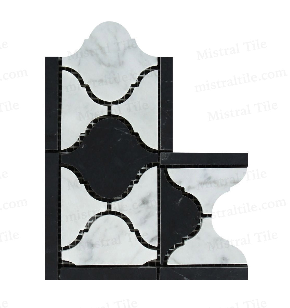 Honed Bianco Carrara and Black Marble Lantern Pattern Mosaic Border Corner Piece