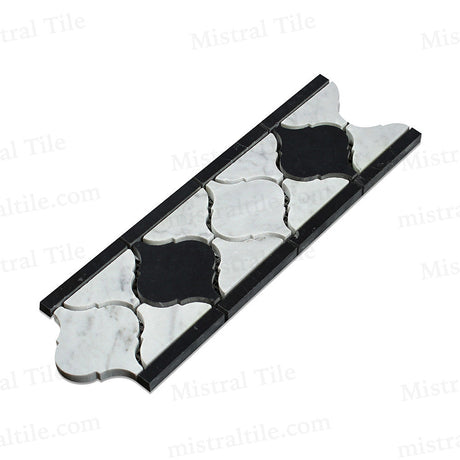 Honed Bianco Carrara with Black Marble Lantern Pattern Mosaic Border Tile Perspective View