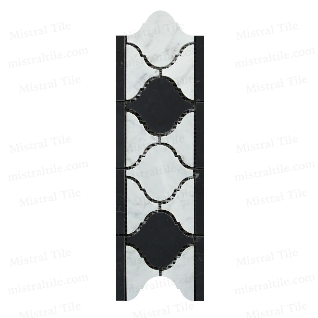 Honed Bianco Carrara with Black Marble Lantern Pattern Mosaic Border Tile Vertical View