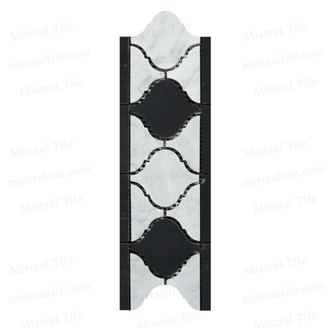 Honed Bianco Carrara with Black Marble Lantern Pattern Mosaic Border Tile Vertical View