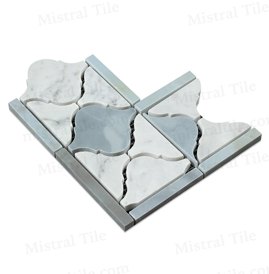 Honed Bianco Carrara and Blue Gray Marble Lantern Pattern Mosaic Border Corner Perspective View 2