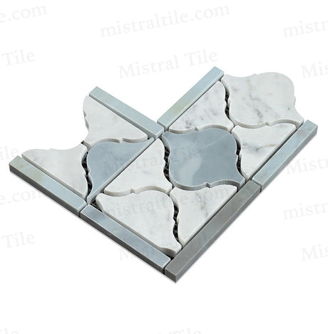 Honed Bianco Carrara and Blue Gray Marble Lantern Pattern Mosaic Border Corner Perspective View