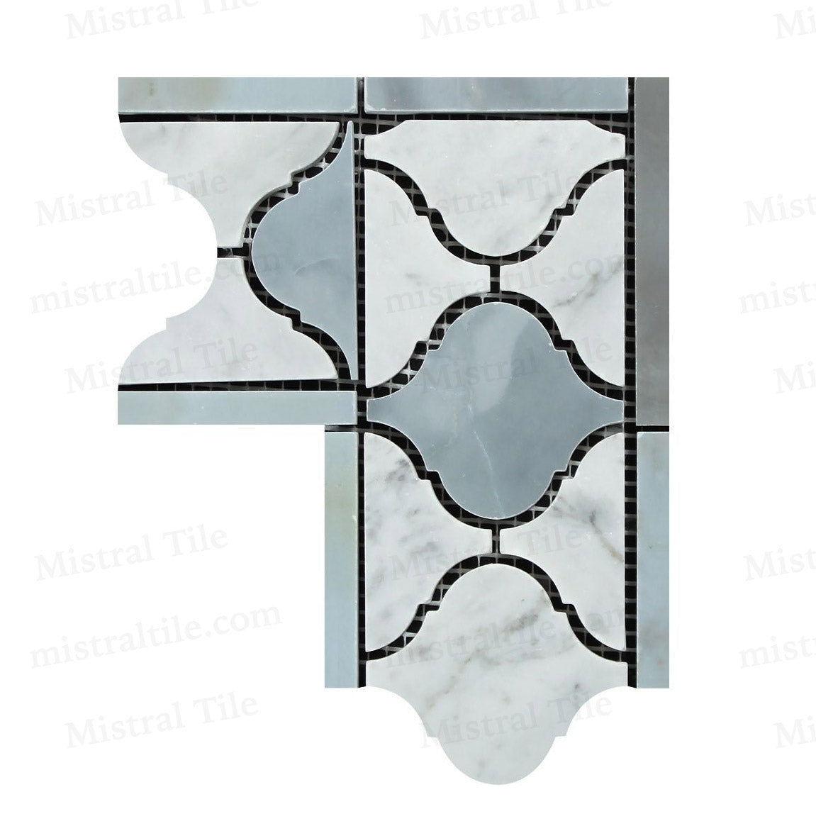 Honed Bianco Carrara and Blue Gray Marble Lantern Pattern Mosaic Border Corner vertical