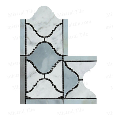 Honed Bianco Carrara and Blue Gray Marble Lantern Pattern Mosaic Border Corner