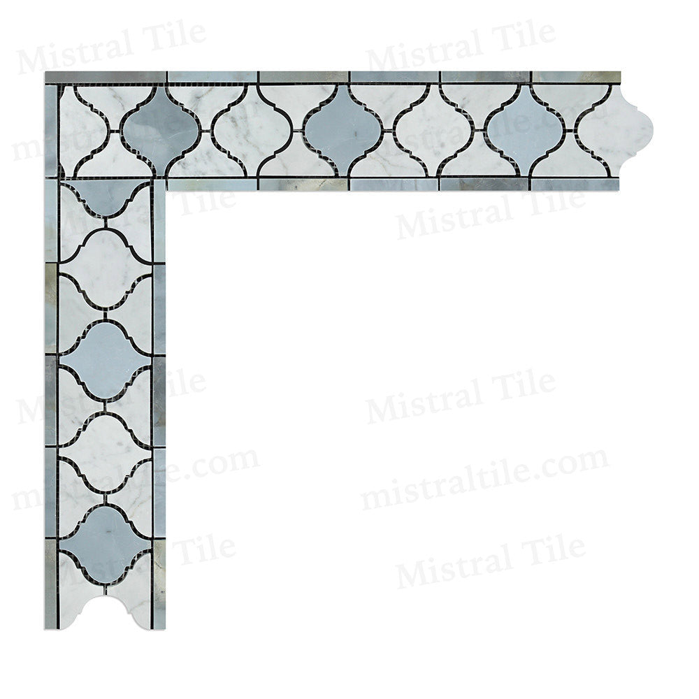 Honed Bianco Carrara and Blue Gray Marble Lantern Pattern Mosaic Border Corner Installed