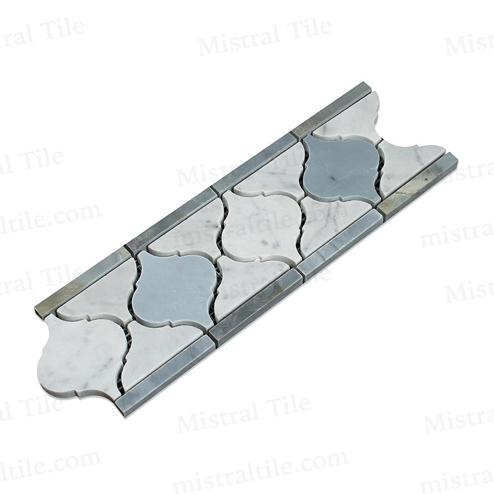 Honed Bianco Carrara with Blue Gray Marble Lantern Pattern Mosaic Border