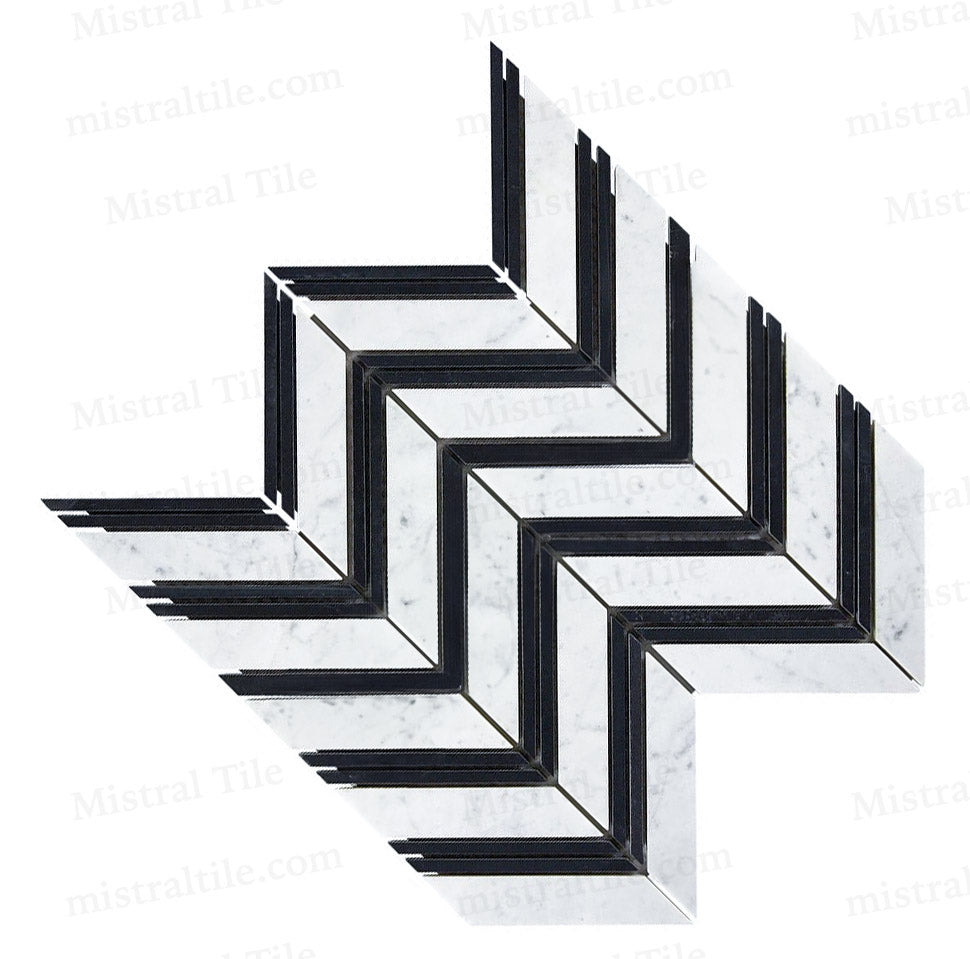 Honed Bianco Carrara - Black Marble Large Format Chevron Mosaic Tile Perspective 3