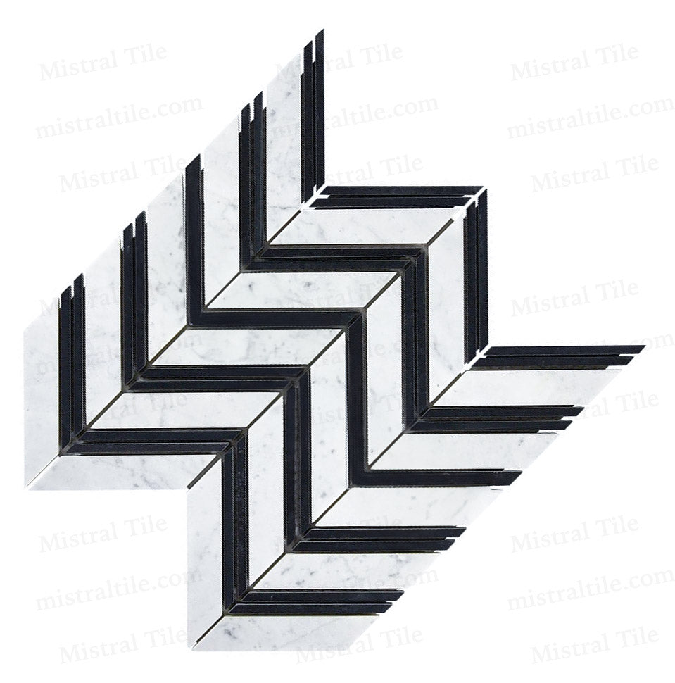 Honed Bianco Carrara - Black Marble Large Format Chevron Mosaic Tile Perspective 4