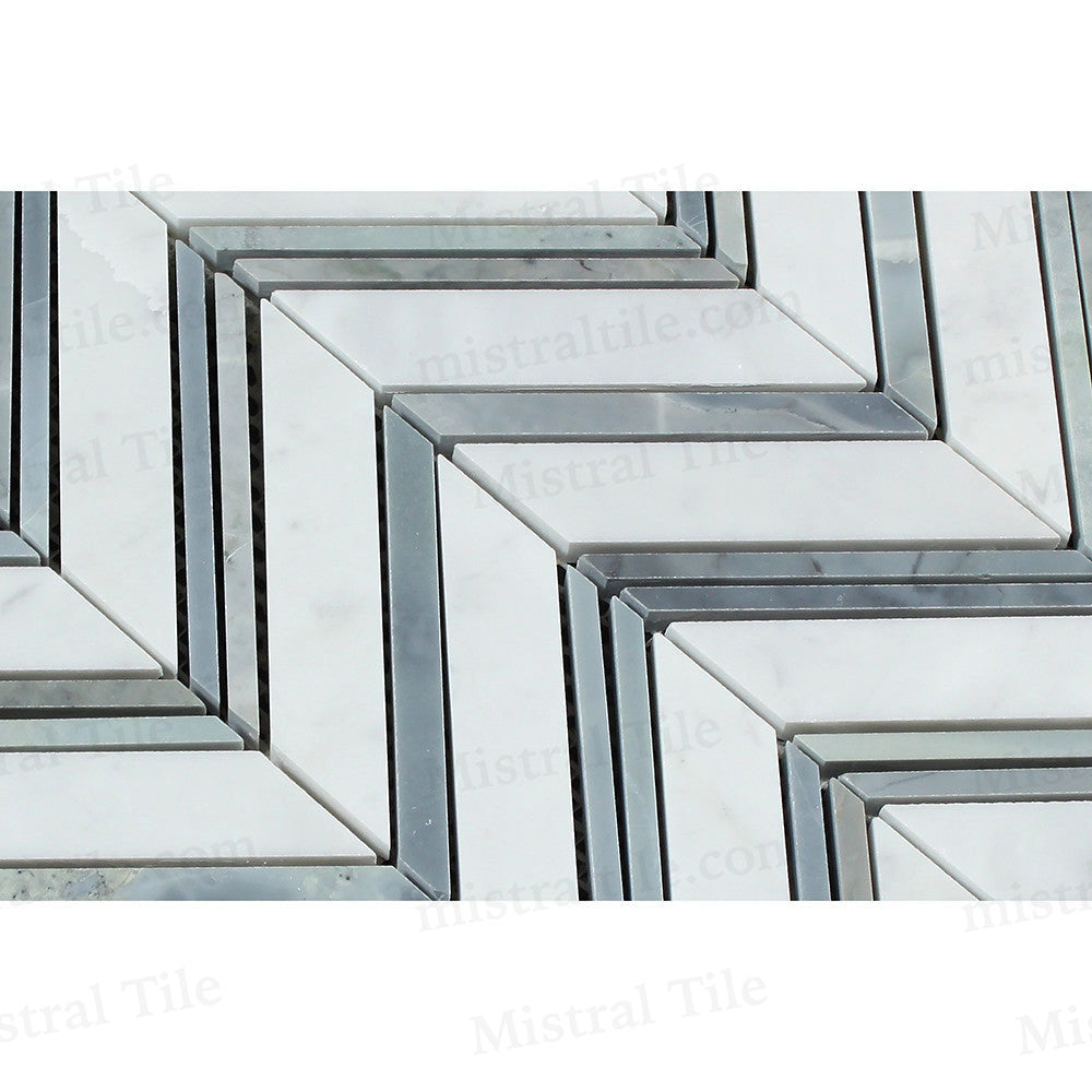 Honed Bianco Carrara - Blue Gray Marble Large Chevron Mosaic Tile Details