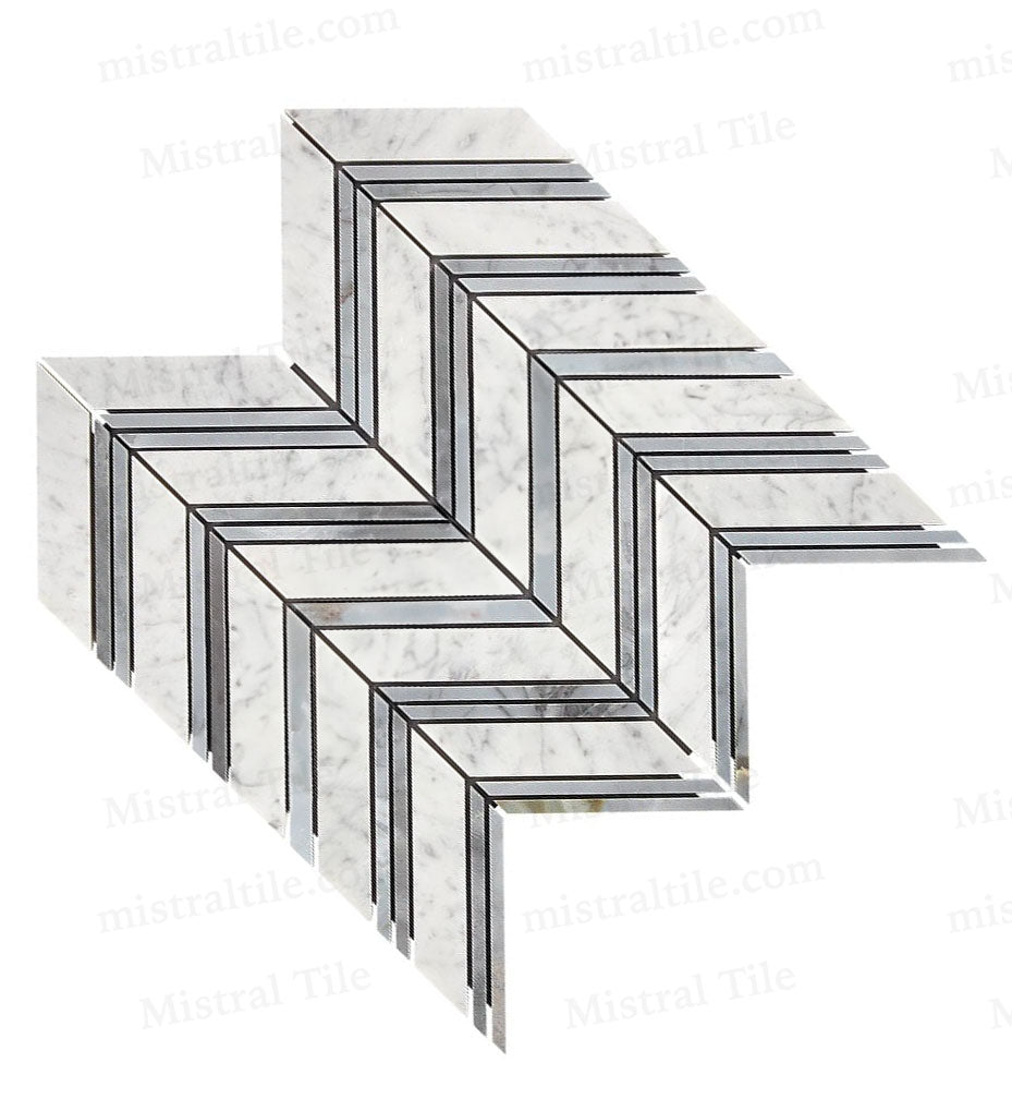 Honed Bianco Carrara - Blue Gray Marble Large Format Chevron Mosaic Tile Perspective