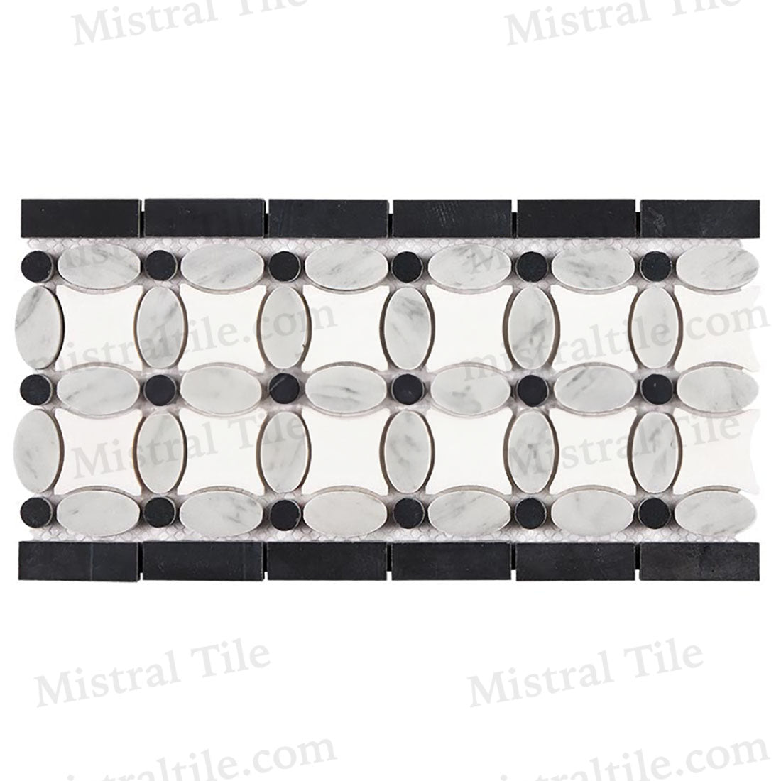 Honed White Bianco Carrara Marble (oval shape) and Greek Thassos White Marble with Black Marble Dots 5 3/4 X 11 1/4 Mix Mosaic Border