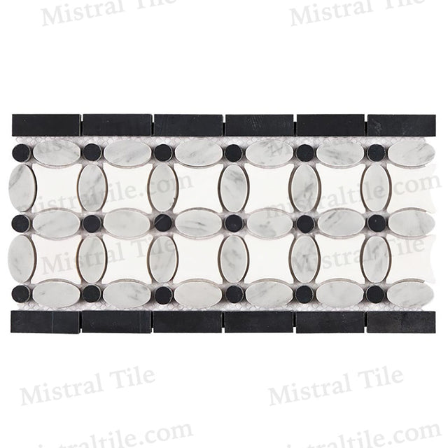 Honed White Bianco Carrara Marble (oval shape) and Greek Thassos White Marble with Black Marble Dots 5 3/4 X 11 1/4 Mix Mosaic Border