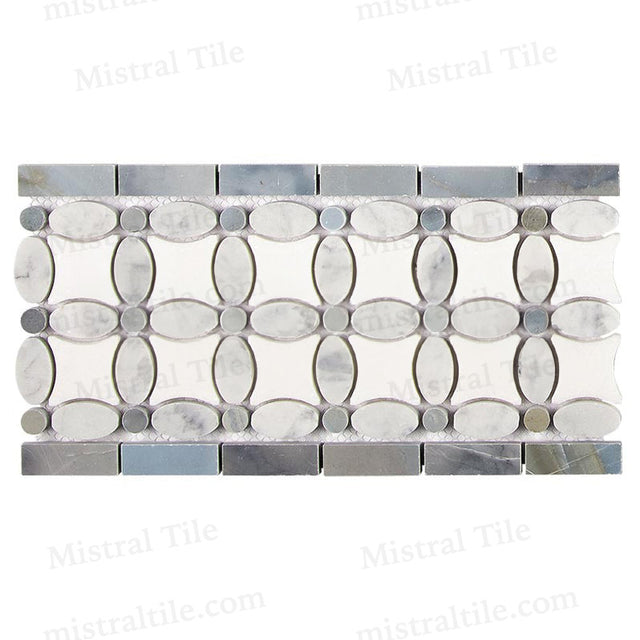 White Bianco Carrara Marble (oval shape) and Greek Thassos White Marble with Blue Gray Marble Dots 5 3/4" X 11 1/4" Mix Mosaic Border Tile