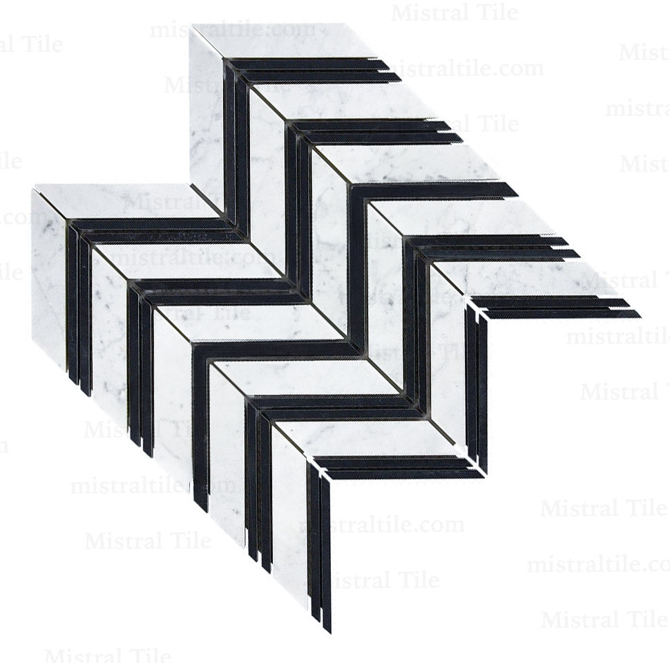 Honed Bianco Carrara - Black Marble Large Format Chevron Mosaic Tile Perspective 5