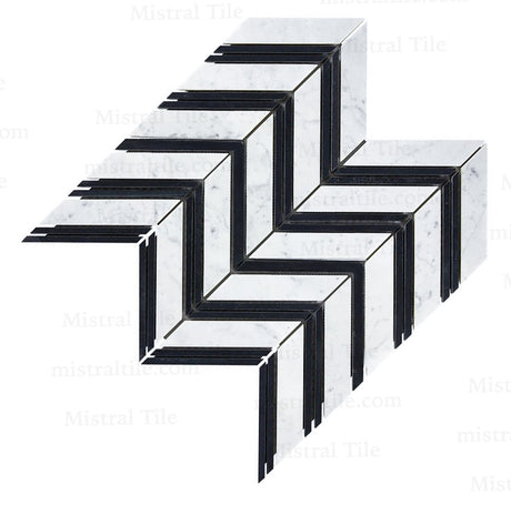 Honed Bianco Carrara - Black Marble Large Format Chevron Mosaic Tile Perspective 6