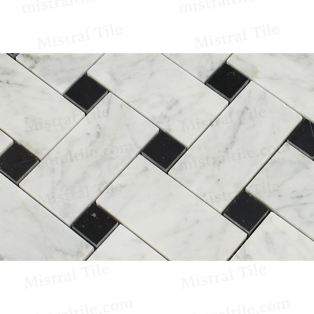 Polished Carrara - Black Large Basketweave Mosaic Tile perspective