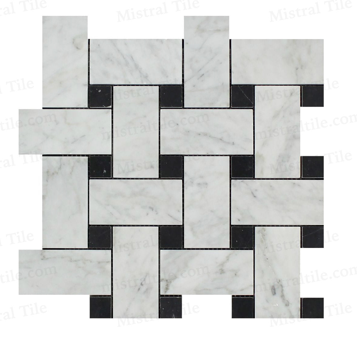 Polished Carrara Marble with Black Marble Dots Large Basketweave Mosaic