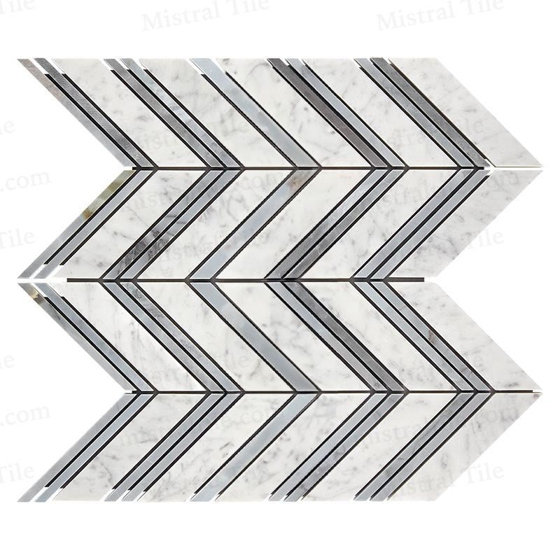 Polished Bianco Carrara - Blue Gray Marble Large Format Chevron Mosaic Tile right