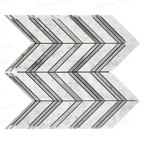 Polished Bianco Carrara - Blue Gray Marble Large Format Chevron Mosaic Tile right